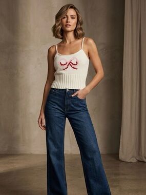 Pretty Garbage Cream Knit Camisole Tank with Pink Bow Detail